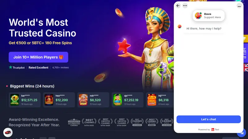 BitStarz homepage with the live chat window open and the agent greeting Hi there, how may I help?
