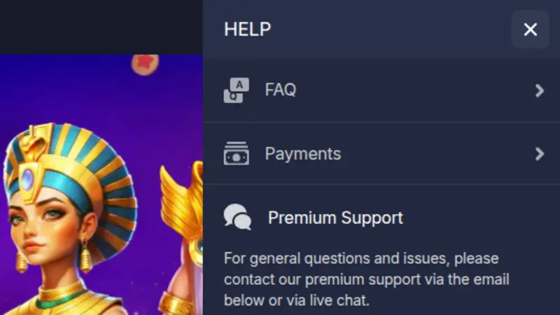 BitStarz HELP panel listing FAQ, Payments and Premium Support