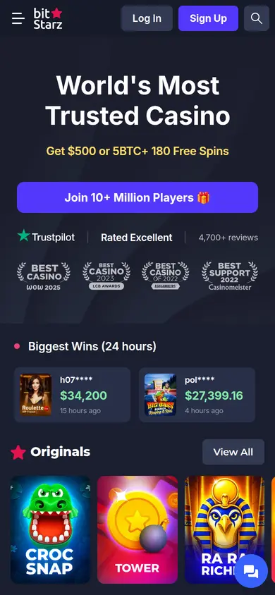 BitStarz mobile homepage with the chat button at the bottom right