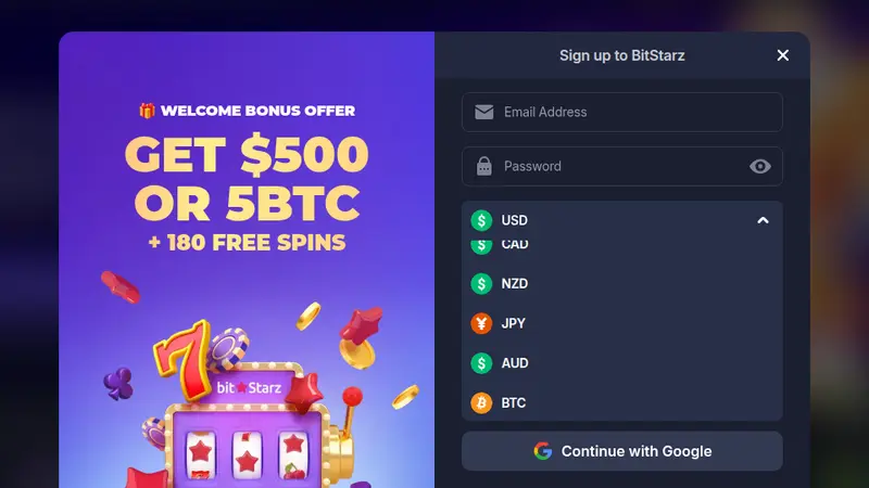 BitStarz sign-up form with the currency list open and AUD visible